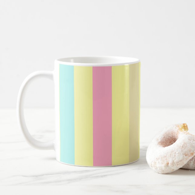 Pink, blue and brown stripes on yellow coffee mug (With Donut)