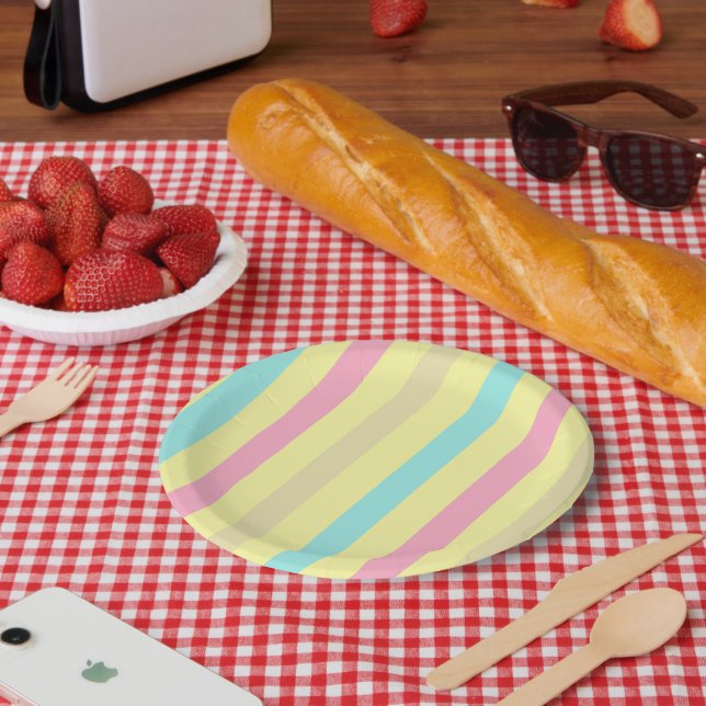 Pink, blue and brown stripes on yellow paper plates (Picnic)