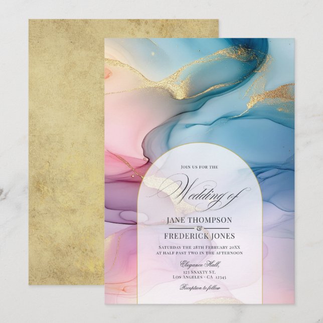 Pink, Blue, and Gold Alcohol Ink Elegance Wedding Invitation (Front/Back)