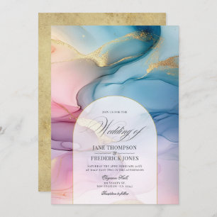 Pink, Blue, and Gold Alcohol Ink Elegance Wedding Invitation