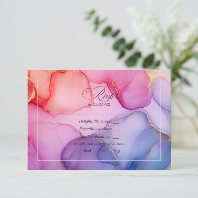 Pink, Blue and Gold Alcohol Ink RSVP Card (Standing Front)