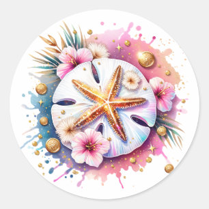 Pink, Blue and Gold Coastal Sand Dollar Beachy Classic Round Sticker