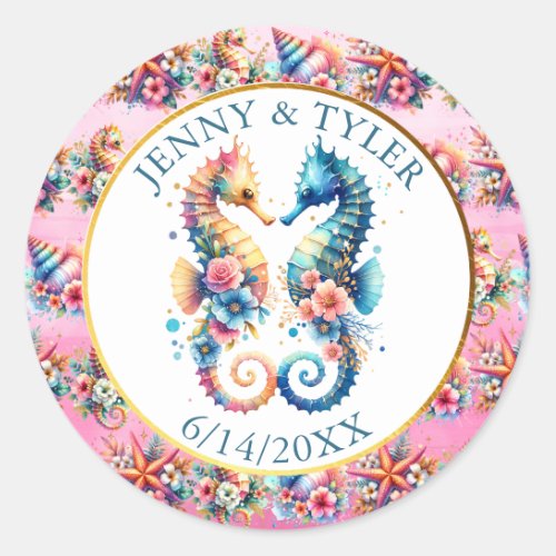 Pink Blue and Gold Coastal Sand Dollar Beachy Classic Round Sticker