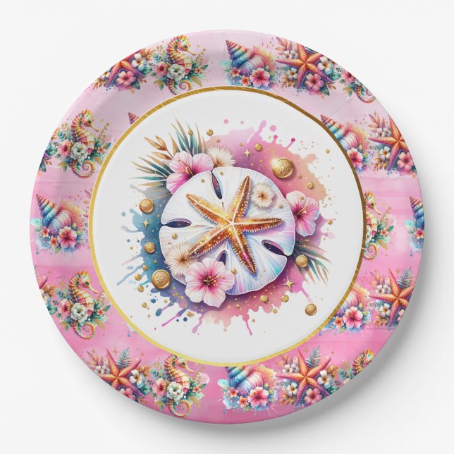 Pink, Blue and Gold Coastal Sand Dollar Beachy Paper Plates (Front)