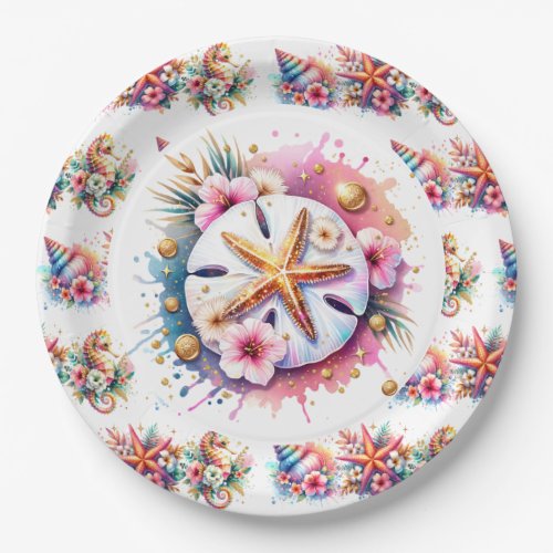 Pink Blue and Gold Coastal Sand Dollar Beachy Paper Plates