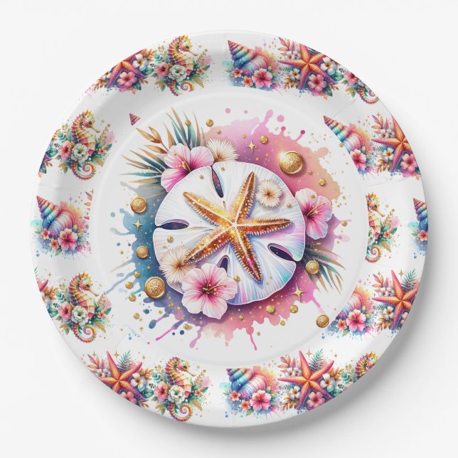 Pink, Blue and Gold Coastal Sand Dollar Beachy Paper Plates (Front)
