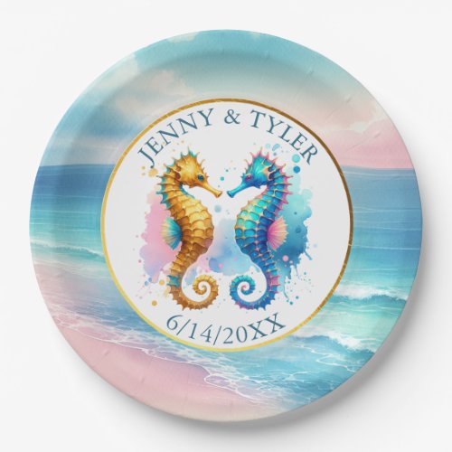 Pink Blue and Gold Coastal Sand Dollar Beachy Paper Plates