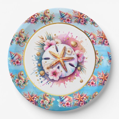 Pink Blue and Gold Coastal Sand Dollar Beachy Paper Plates