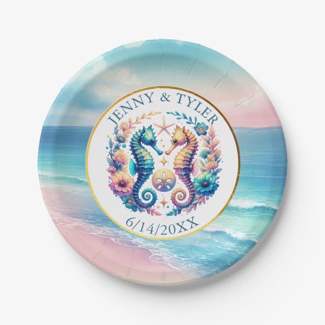 Pink, Blue and Gold Coastal Sand Dollar Beachy Paper Plates (Front)