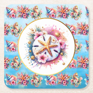 Pink, Blue and Gold Coastal Sand Dollar Beachy Square Paper Coaster