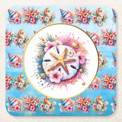 Pink Blue and Gold Coastal Sand Dollar Beachy Square Paper Coaster