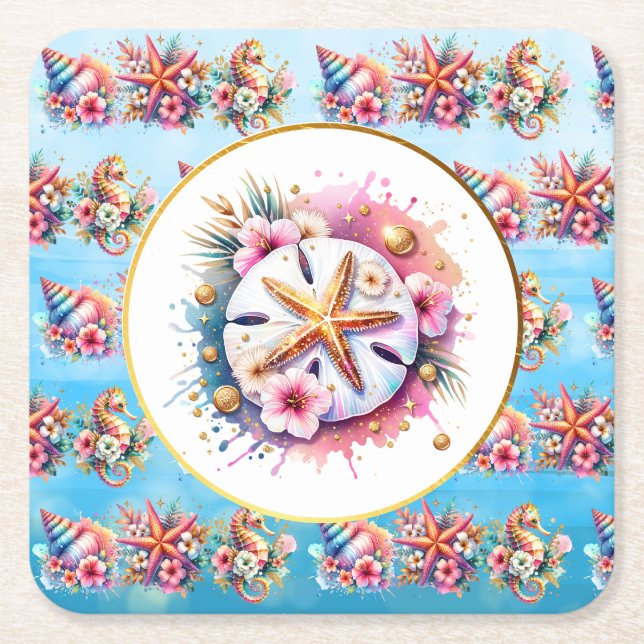 Pink, Blue and Gold Coastal Sand Dollar Beachy Square Paper Coaster (Front)