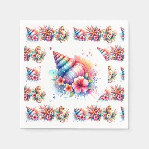 Pink Blue and Gold Coastal Sea Shells Beachy Napkins