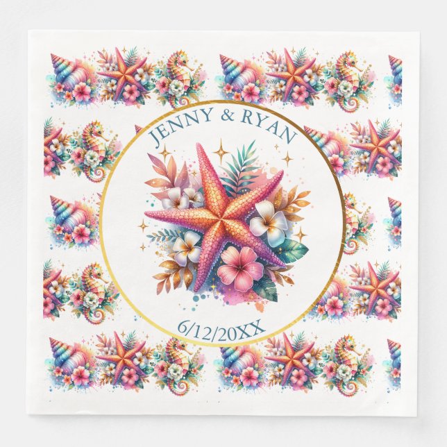 Pink, Blue and Gold Coastal Sea Shells Beachy Paper Dinner Napkins (Front)