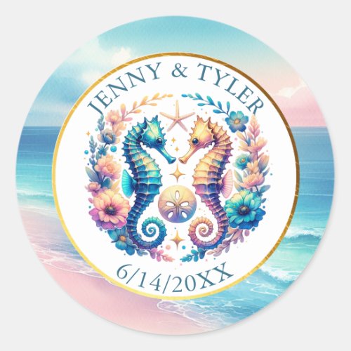 Pink Blue and Gold Coastal Seahorse Beachy Classic Round Sticker