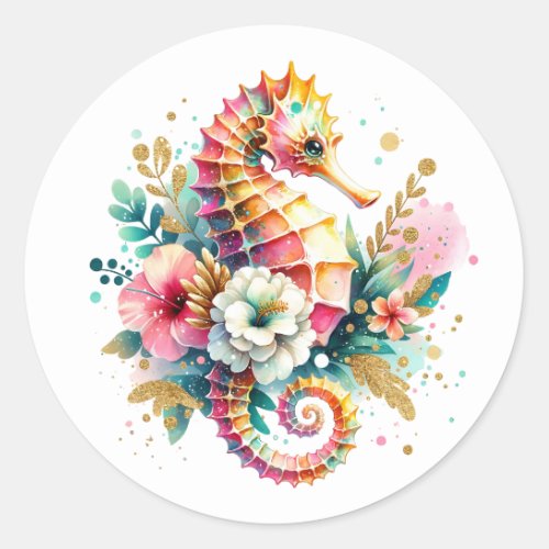 Pink Blue and Gold Coastal Seahorse Beachy Classic Round Sticker