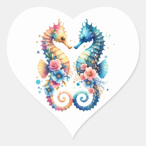 Pink Blue and Gold Coastal Seahorse Beachy Heart Sticker