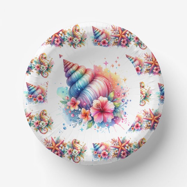 Pink, Blue and Gold Coastal Seahorse Beachy Paper Bowls (Front)