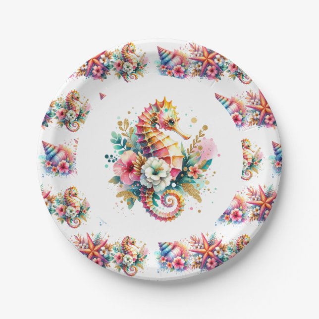 Pink, Blue and Gold Coastal Seahorse Beachy Paper Plates (Front)