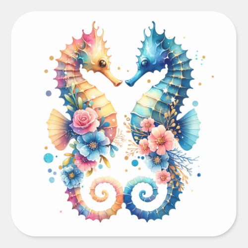 Pink Blue and Gold Coastal Seahorse Beachy Square Sticker