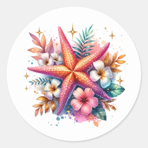 Pink Blue and Gold Coastal Starfish Beachy Classic Round Sticker