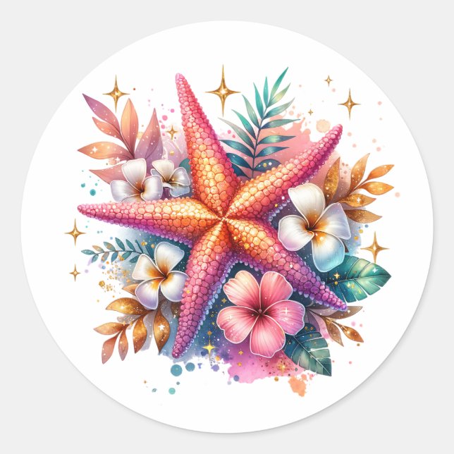 Pink, Blue and Gold Coastal Starfish Beachy Classic Round Sticker (Front)