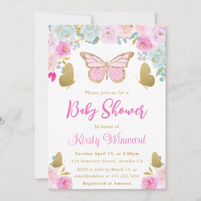 Pink. Blue and Gold Floral  Butterfly Baby Shower Invitation (Front)