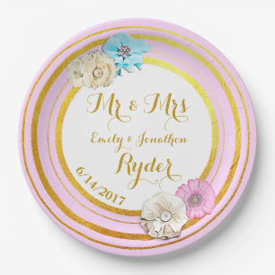 Pink, Blue and Gold Floral Wedding Paper Plates