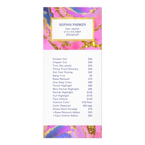 Pink Blue and Gold Geode Salon Price List Service Rack Card