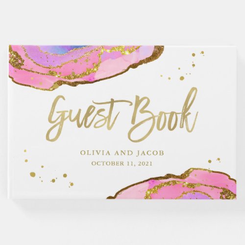 Pink Blue and Gold Geode  Wedding Guest Book