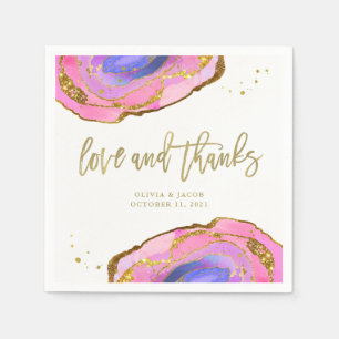 Pink Blue and Gold Geode Wedding Love and Thanks Napkins