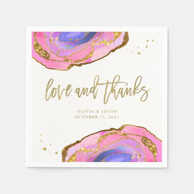 Pink Blue and Gold Geode Wedding Love and Thanks Napkins (Front)
