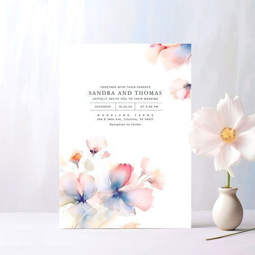 Pink Blue and Gold Shade Flowers Elegant Wedding Invitation