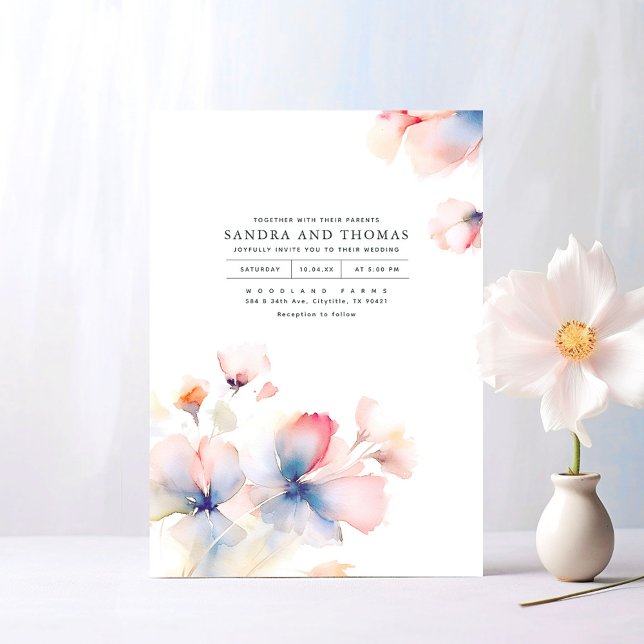 Pink Blue and Gold Shade Flowers Elegant Wedding Invitation (Minimalist Soft Pastel Floral Wedding Invitations)