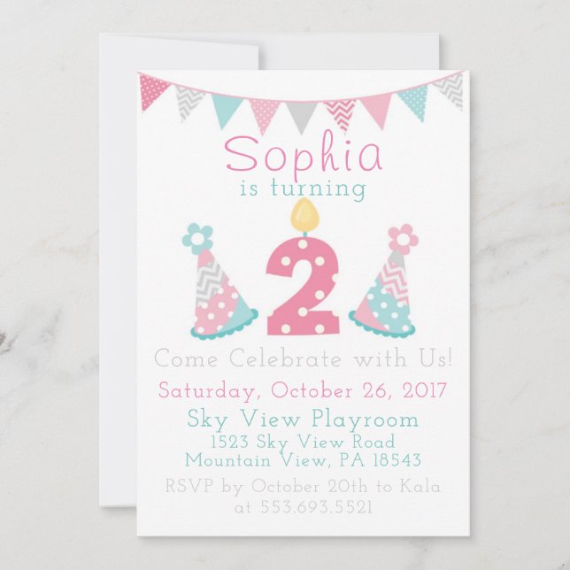 Pink Blue and Gray 2nd Birthday Invitations (Front)