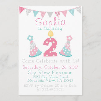 Pink Blue and Gray 2nd Birthday Invitations