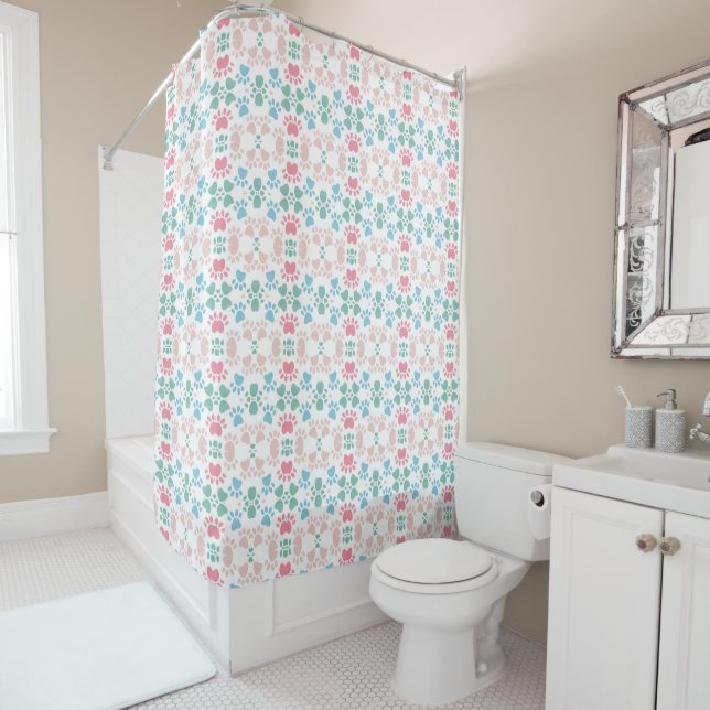 Pink, Blue and Green Dog Paw Prints Shower Curtain (In Situ)
