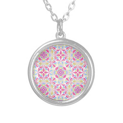 Pink blue and green kaleidoscope pattern silver plated necklace