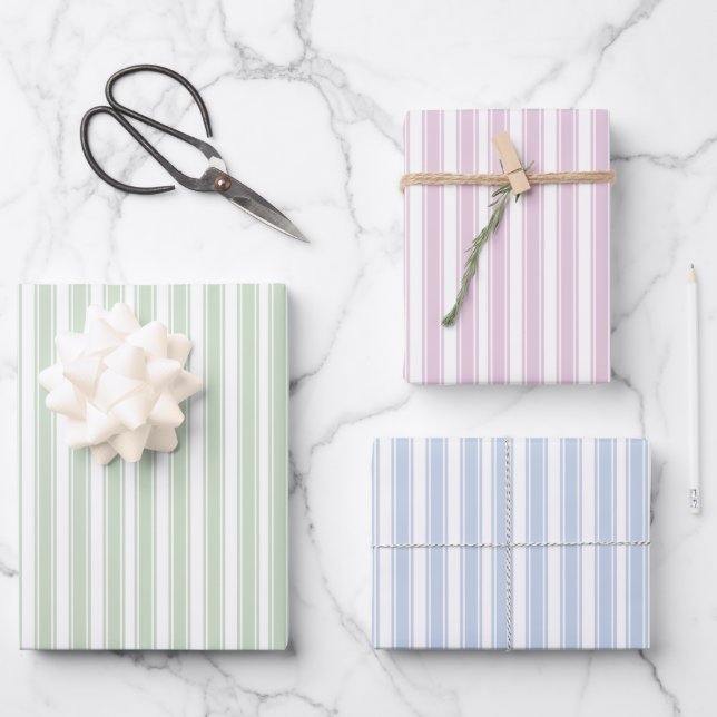 Pink Blue and Green Ticking Stripe Wrapping Paper Sheets (Front)