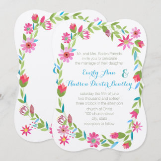 Pink Blue and Green Wreath Forest Wedding Invite