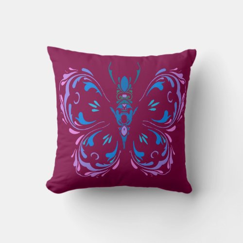 Pink Blue and Mauve Butterfly Cranberry Design Throw Pillow