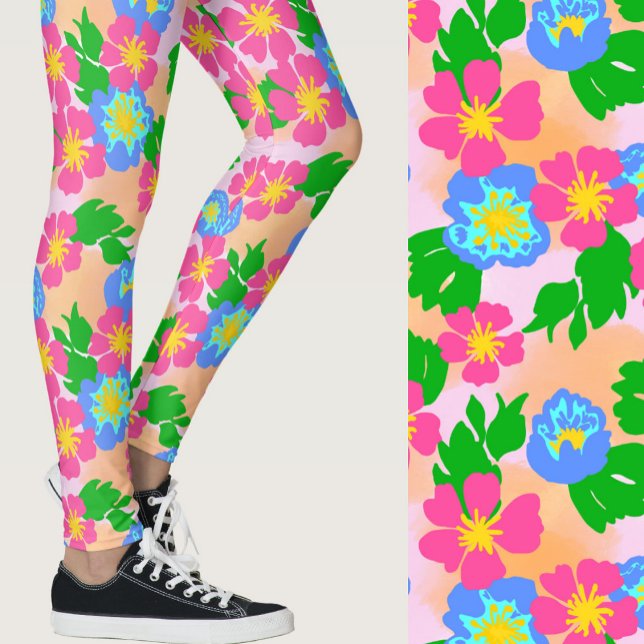 Pink Blue and Orange Tropical Flowers Patterned Leggings (Creator Uploaded)