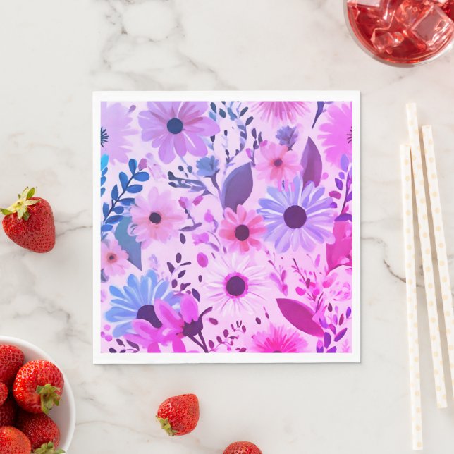 Pink, Blue And Purple Flowers | Bold Floral Party Napkins (Insitu)