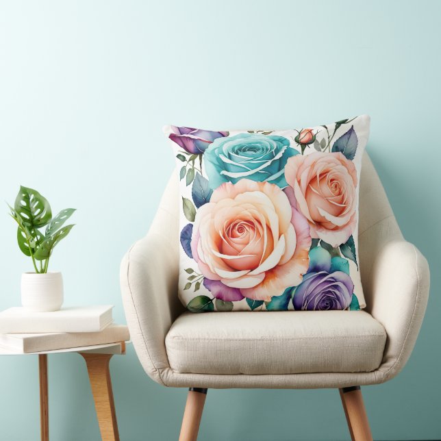 Pink, blue and purple roses throw pillow (Chair)
