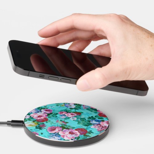 Pink blue and red roses pattern wireless charger 