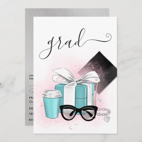 Pink Blue and Silver Girl Graduation Party Invitation
