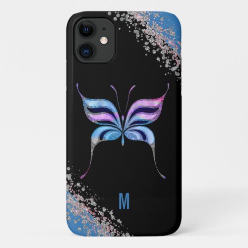 Pink Blue and Silver Glittery Butterfly Monogram iPhone 11 Case