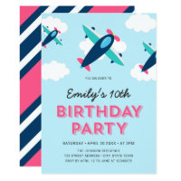 Pink, Blue and Teal Airplane Birthday Party Invitation