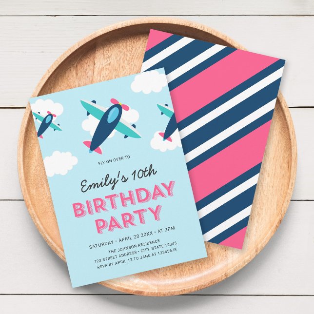 Pink, Blue and Teal Airplane Birthday Party Invitation (Creator Uploaded)