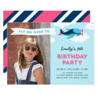 Pink, Blue and Teal Airplane Photo Birthday Party Invitation